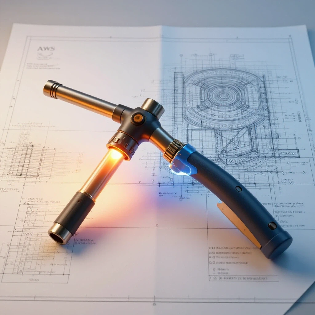 A bright welding torch igniting alongside a shadowy AWS welding code blueprint, showcasing contrast between application and technical guidelines.