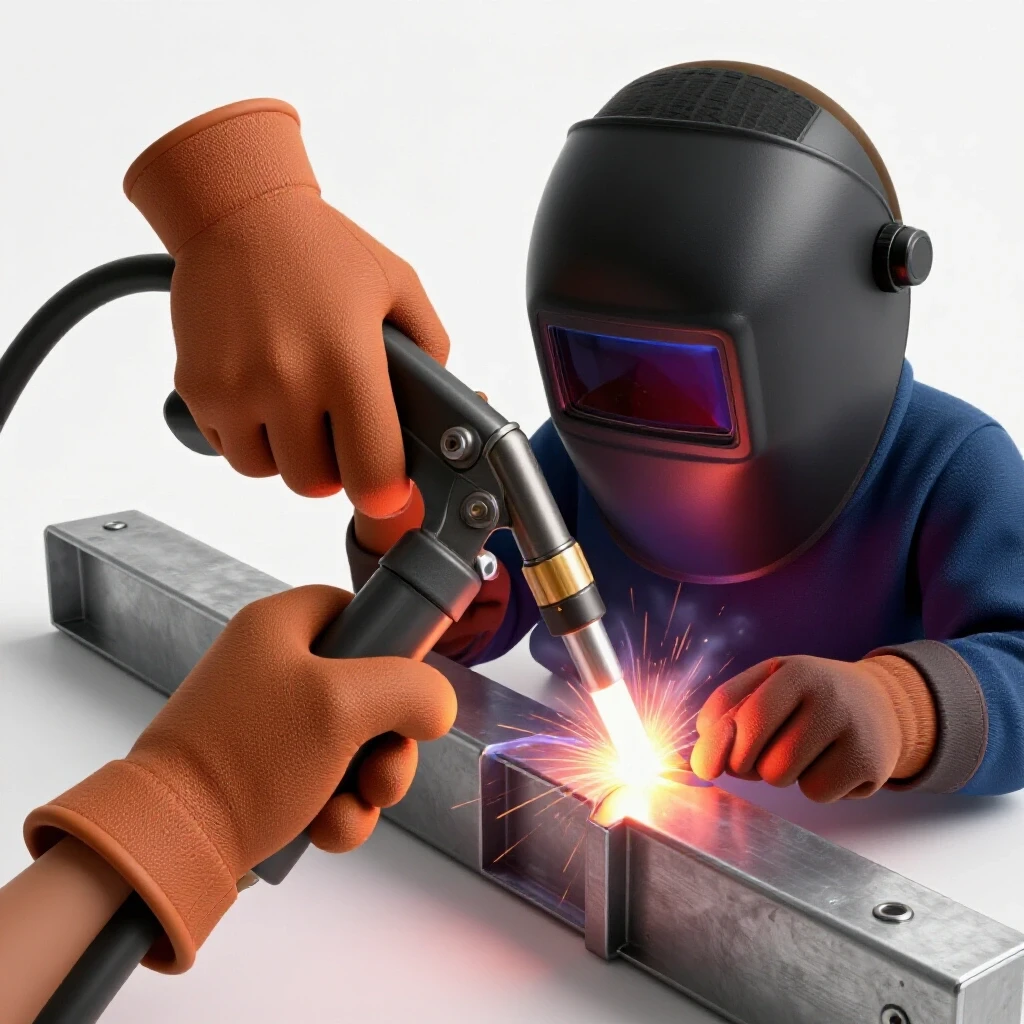 Close-up of welder's hands using a torch to fuse molten metal, with warped metal transitioning to aligned in the background.