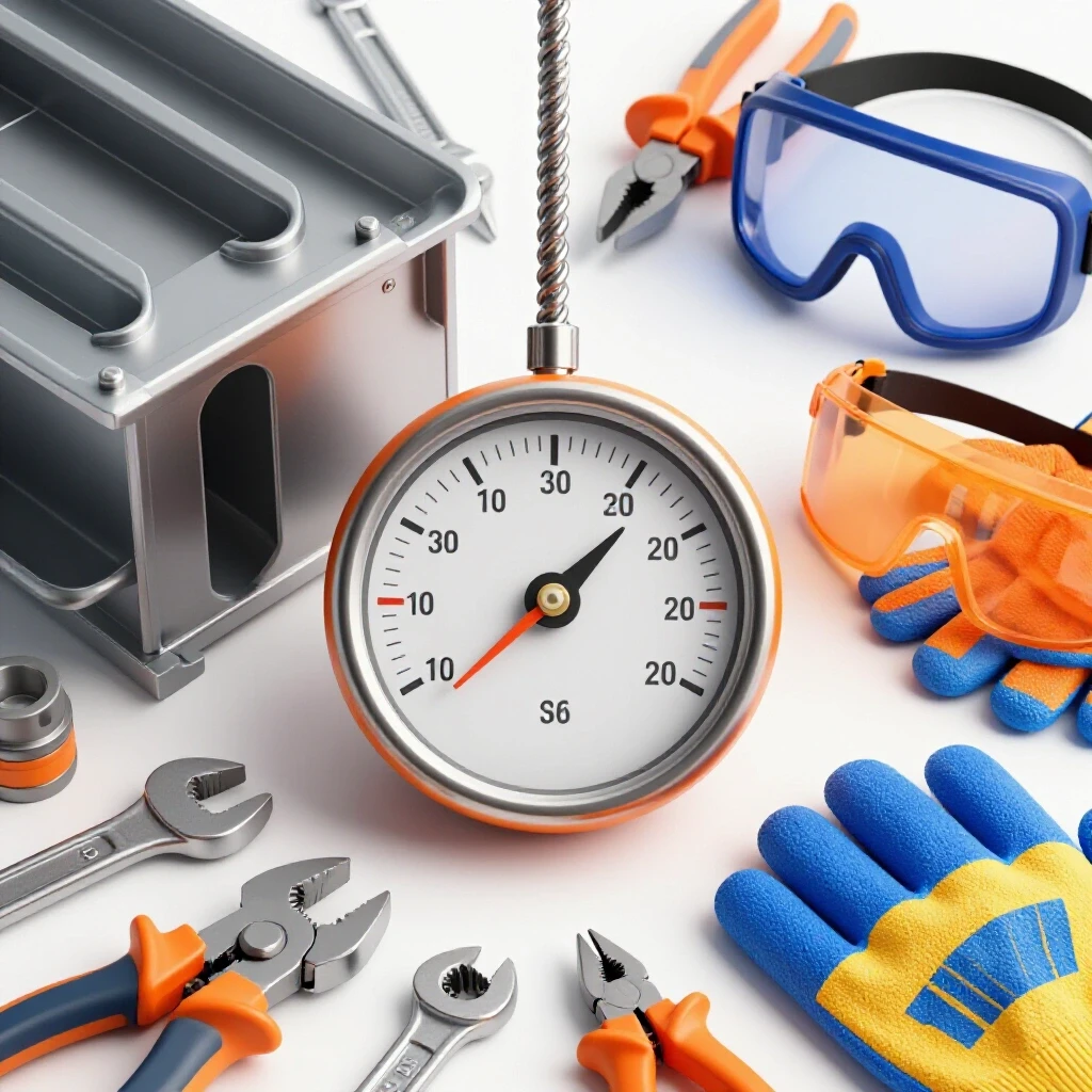 A colorful 3D composition of a half-finished metal project with tools and safety gear illustrating the balance of speed and safety.