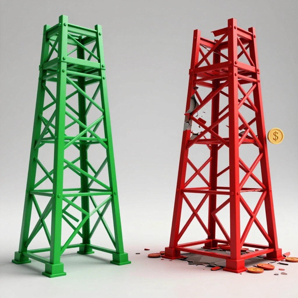 A comparison of a sturdy metal structure and a crumbling unsafe version emphasizing safety versus cost.