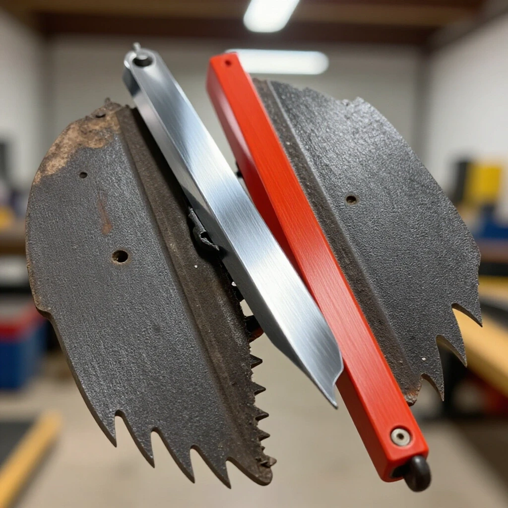 Close-up of a worn bandsaw blade guide next to a shiny new guide, showcasing textural contrast in a workshop setting.