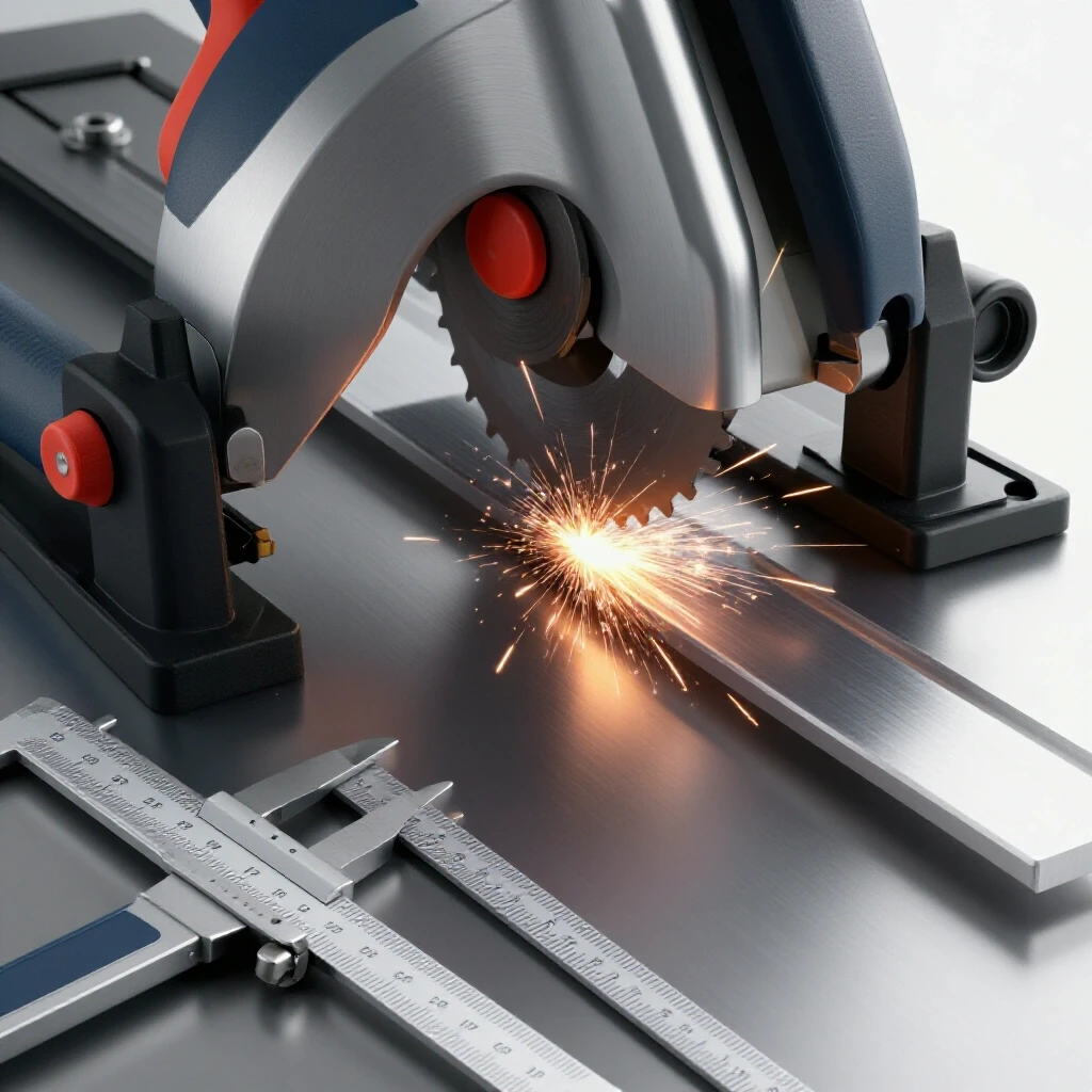 Close-up of a bandsaw blade cutting through metal, with sparks and precision tools like calipers in the foreground.