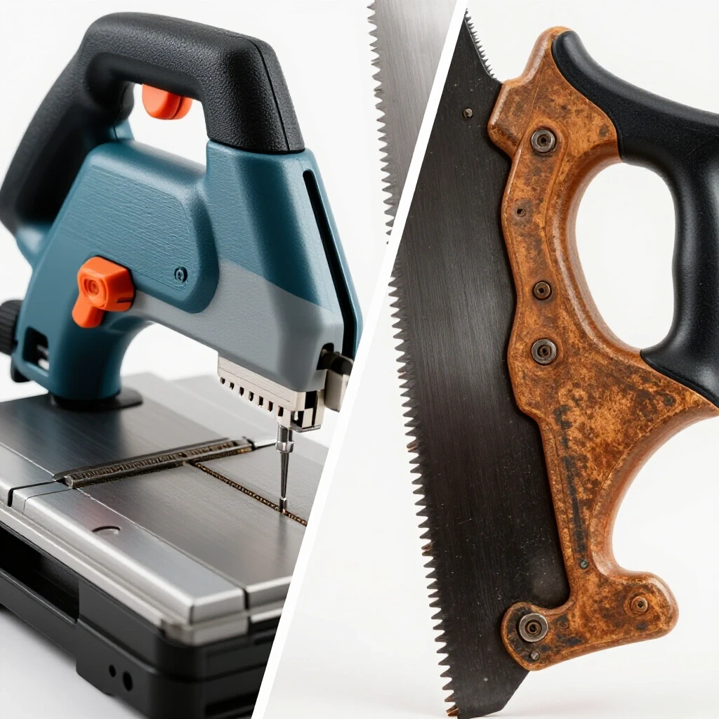 A modern bandsaw contrasted with a traditional saw, showcasing design and craftsmanship in a bright setting.