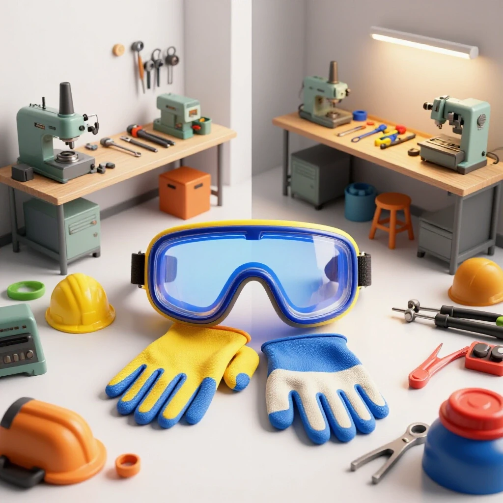 3D-rendered image contrasting a well-organized and a chaotic workshop, highlighting safety equipment in the foreground.