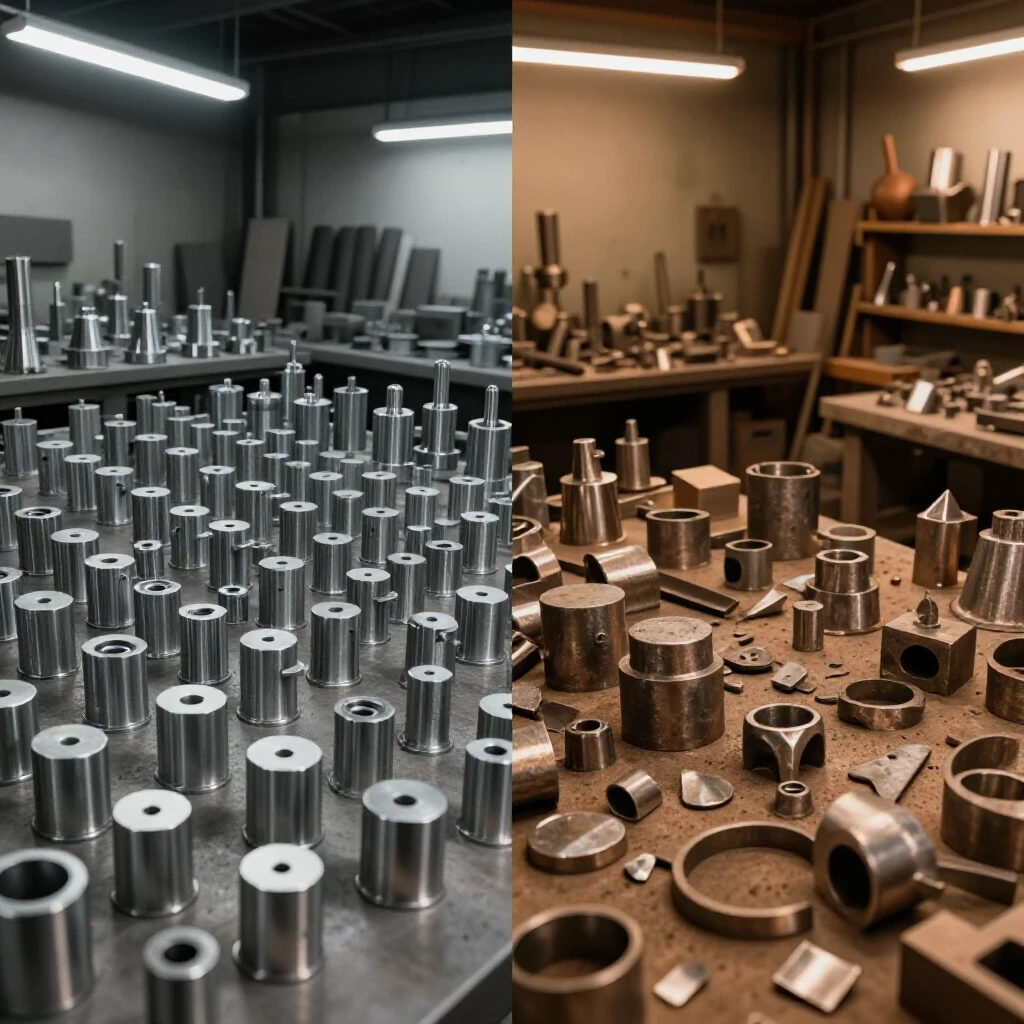 A visual comparison of batch production and custom metal fabrication showcasing organized and chaotic workshops.