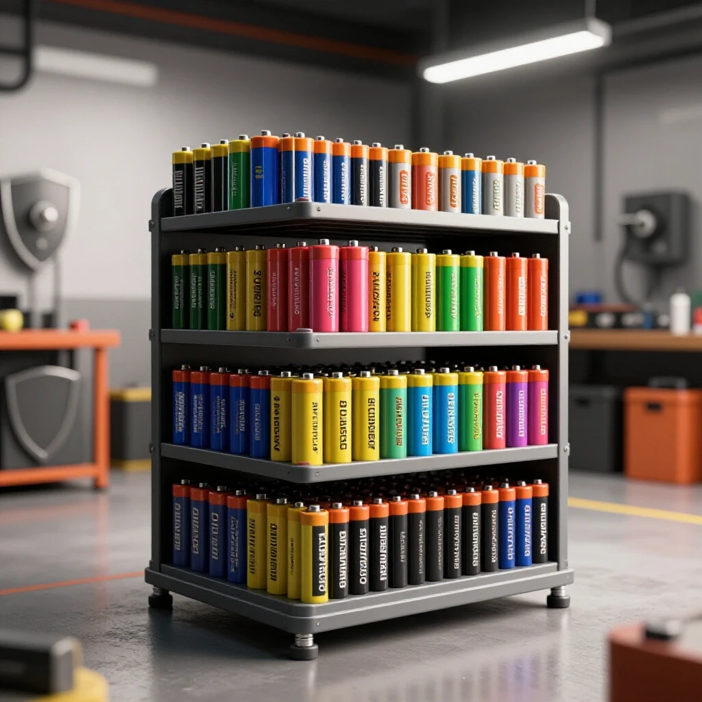 A bright and organized battery charging station rack displaying various colorful batteries in a well-lit workshop setting.