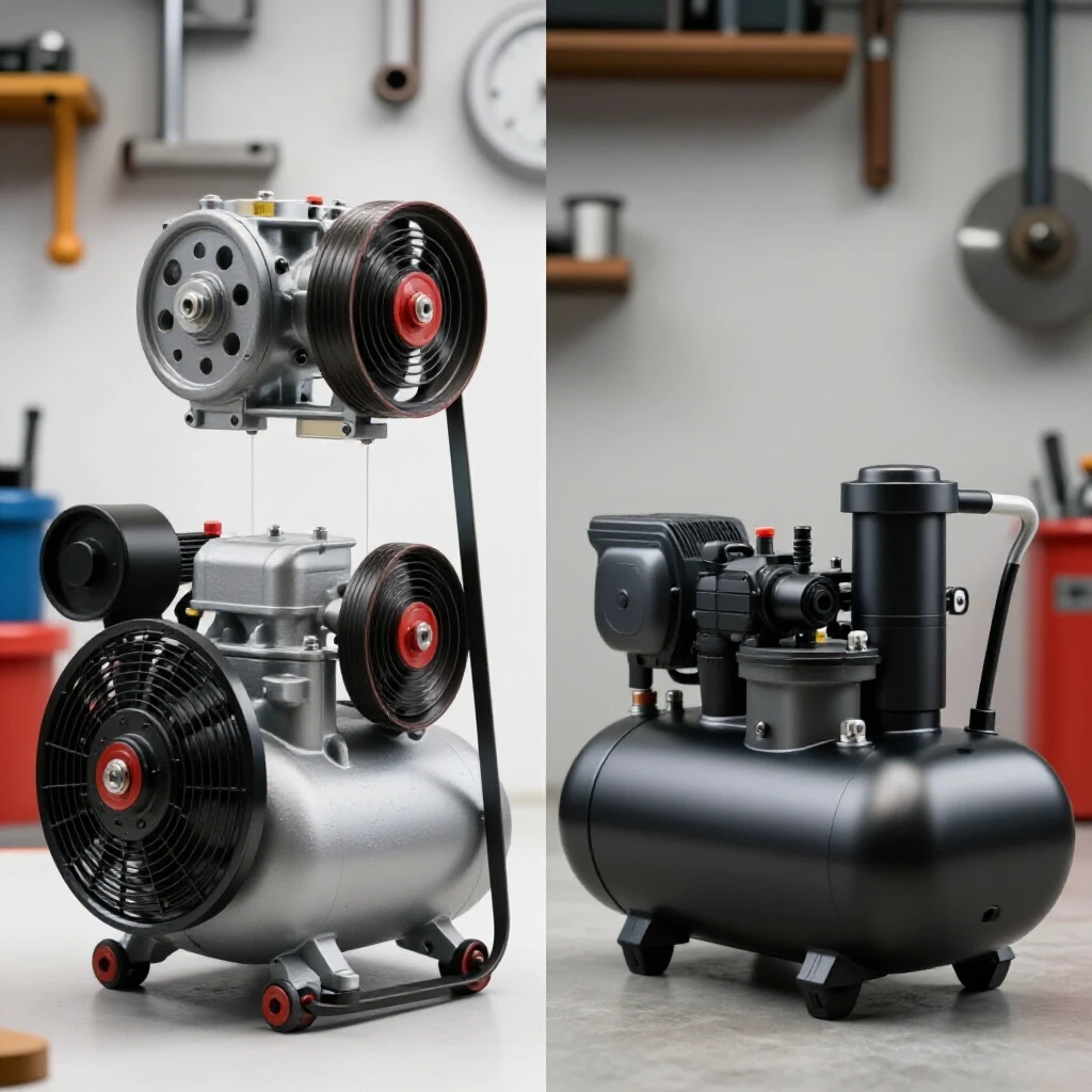 A split image contrasting a belt drive air compressor with pulleys and a direct drive compressor showcasing its compact design in a workshop environment.