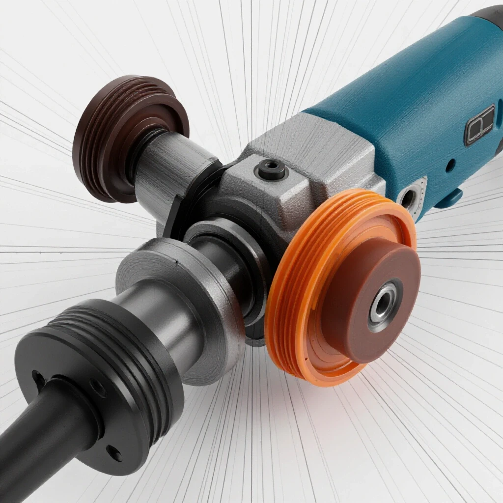 Close-up view of a belt grinder's pulleys, showcasing alignment features with dynamic lines and vibrant colors.