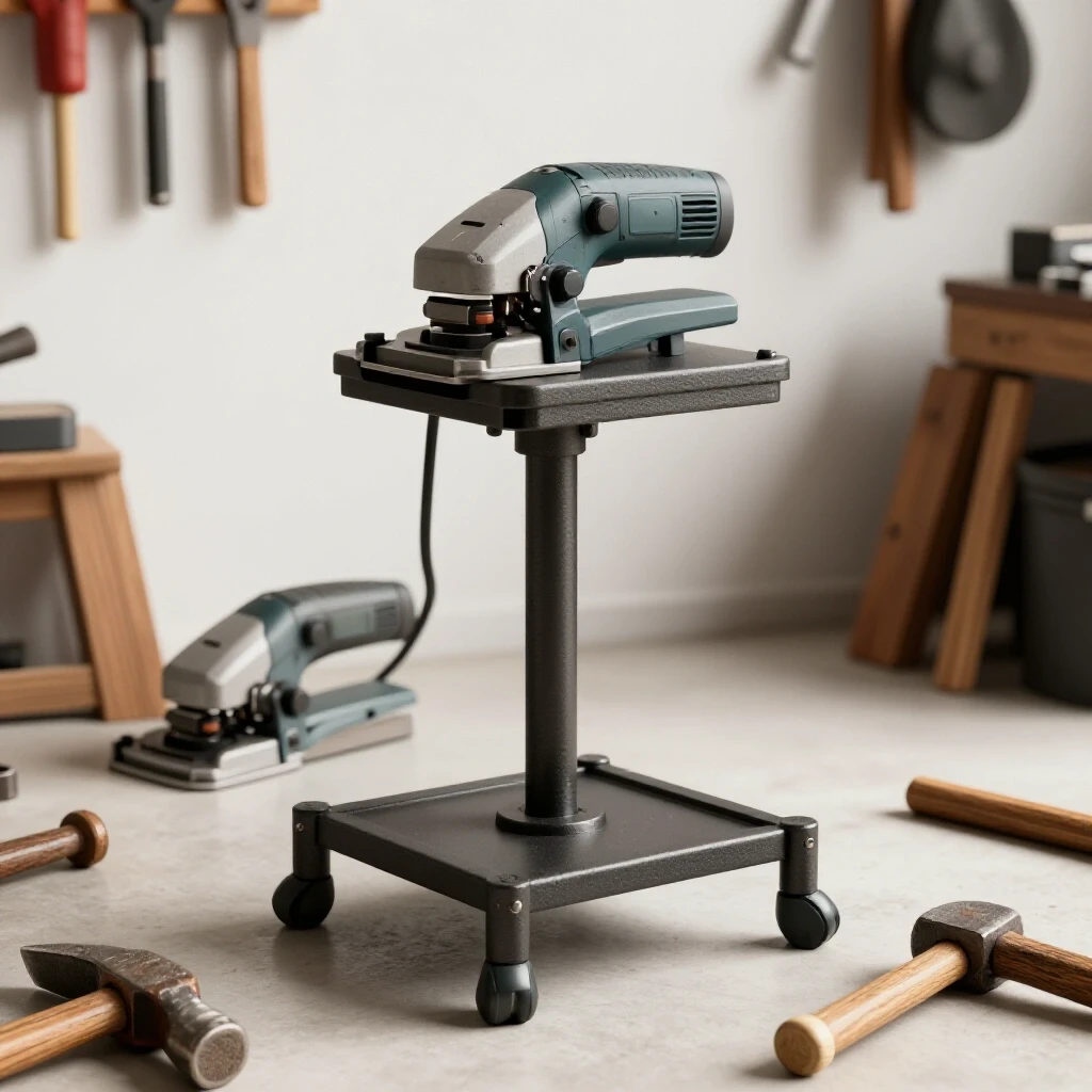 A stable belt grinder stand positioned in a well-lit garage, surrounded by modern tools for DIY fabrication.