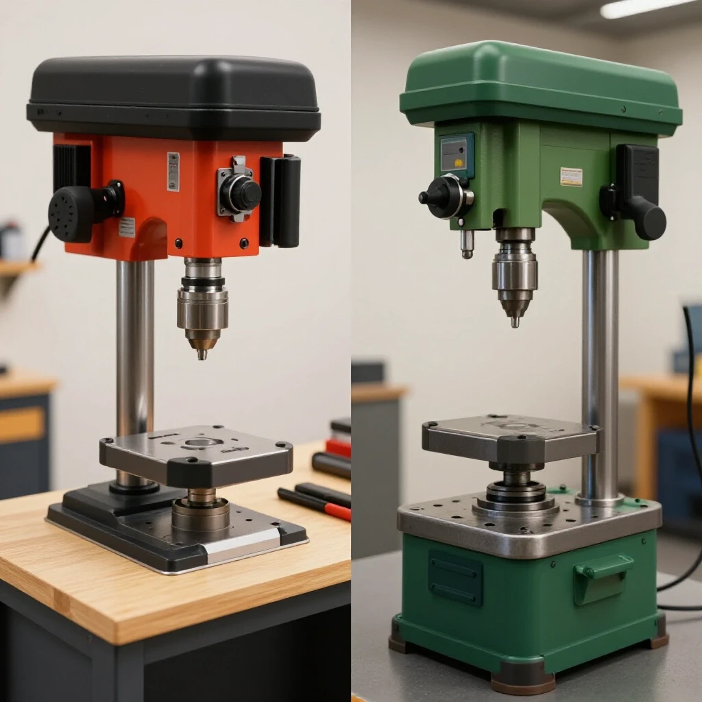 A split image showcasing a benchtop drill press in a clean workspace and a floor drill press in an industrial setting, highlighting their differences.