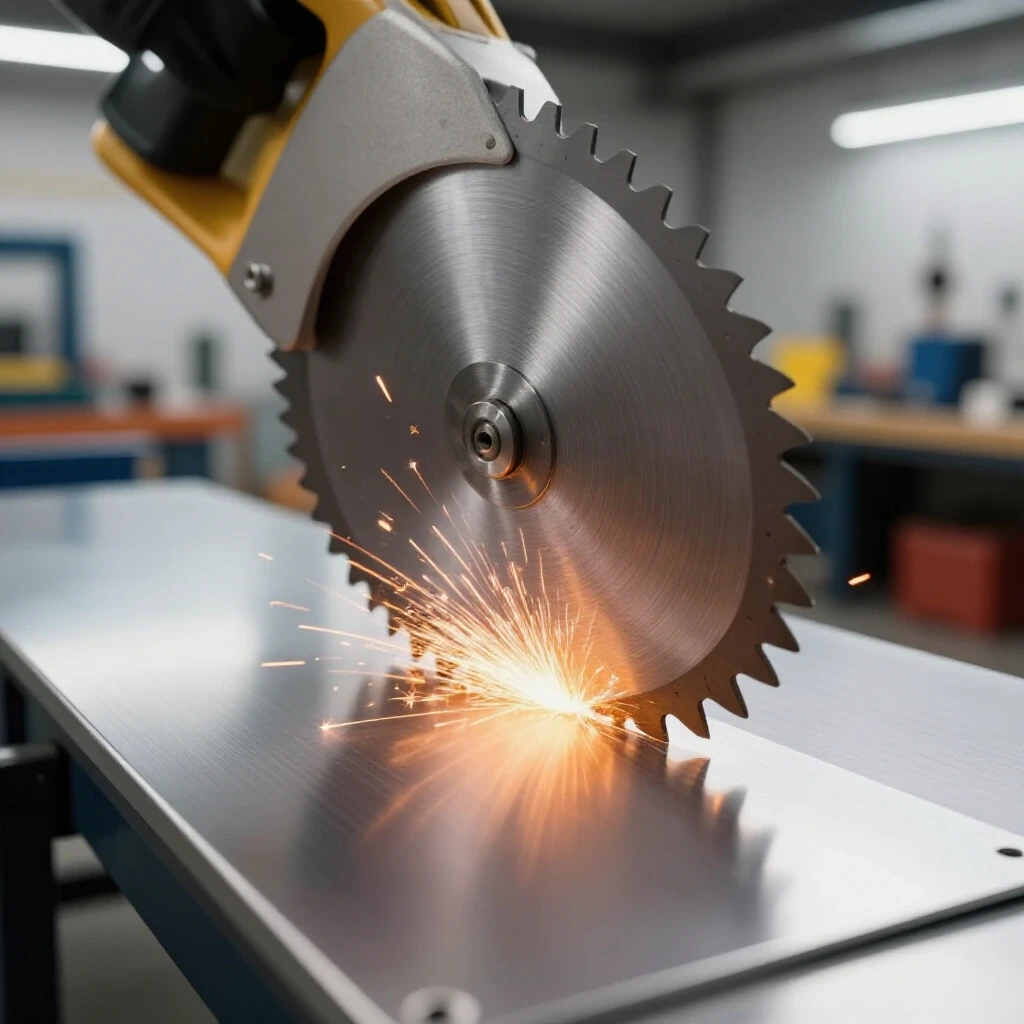 A sharp saw blade cuts through reflective aluminum with sparks flying in a bright workshop setting.