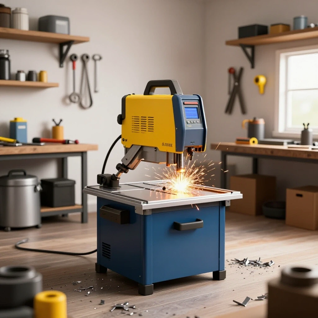 A vibrant home metal shop workspace showcasing essential tools like a welding machine and band saw, surrounded by metal shavings and sparks.
