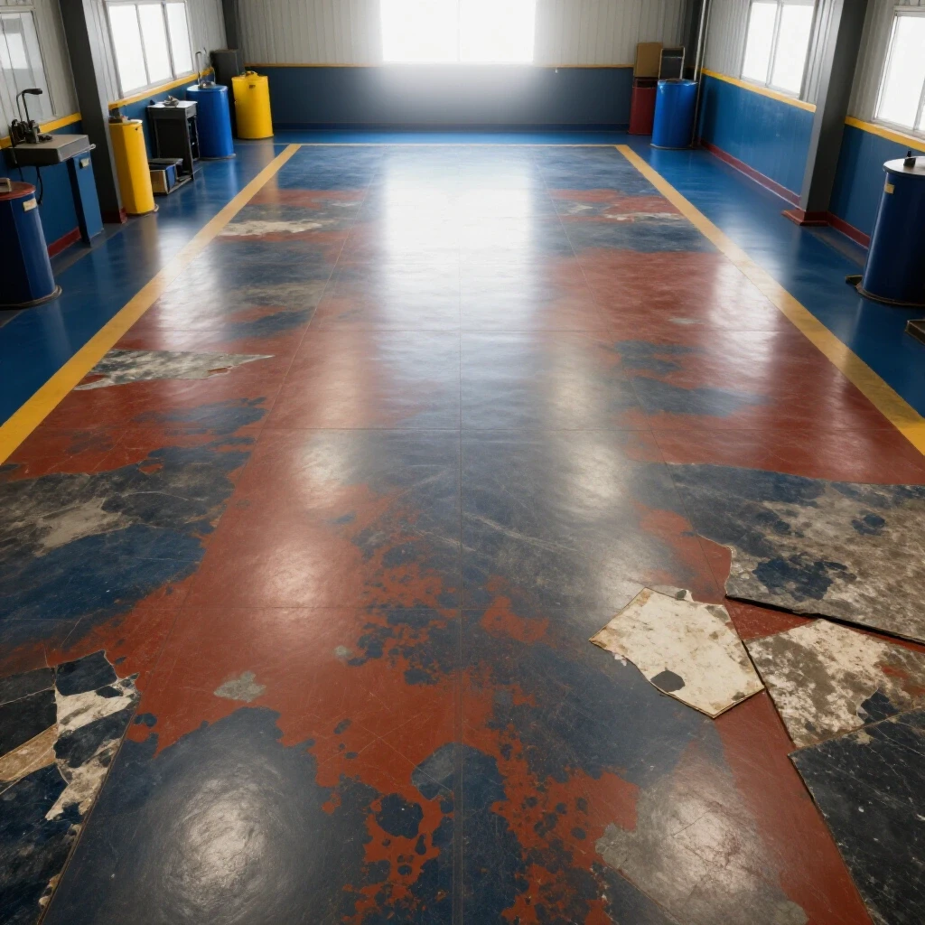 A contrasting image of a vibrant welding shop floor beside a damaged surface, emphasizing flooring choices in a workshop.