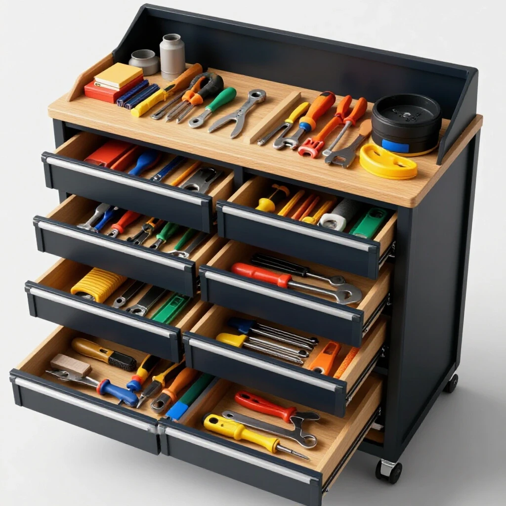A well-organized heavy duty workbench with open drawers full of colorful tools in a bright studio setting.