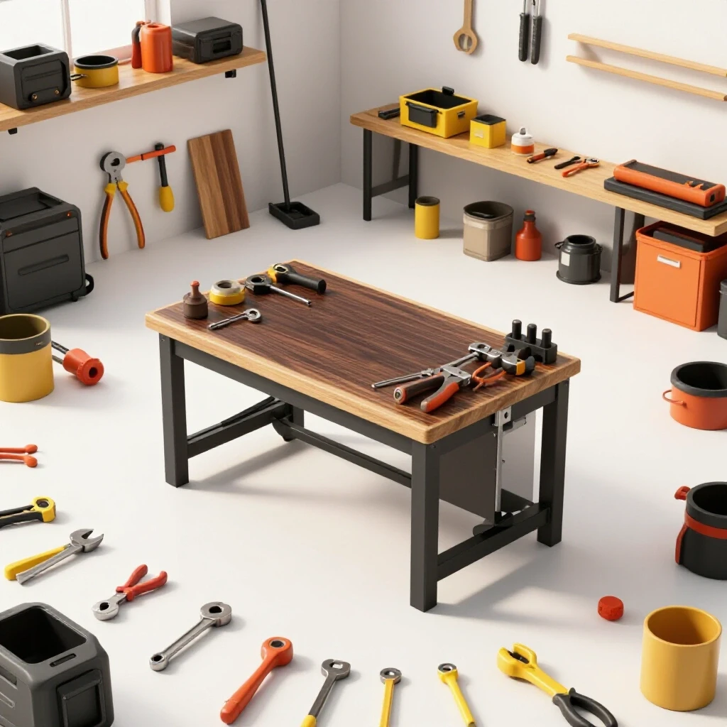 A bright, organized workshop featuring a central workbench surrounded by essential tools, showcasing efficient layout and inviting atmosphere.