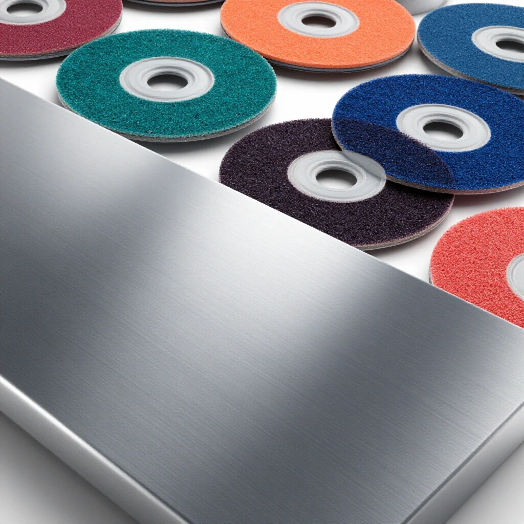 A gleaming, sanded metal surface with vibrant, textured sanding discs in the background, showcasing high-quality tools.