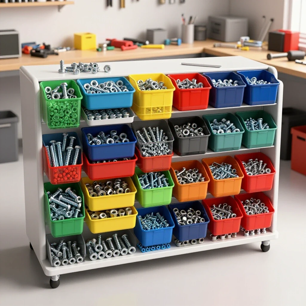 Organized workshop storage system showcasing vibrant compartments filled with nuts, bolts, and fasteners against a bright background.