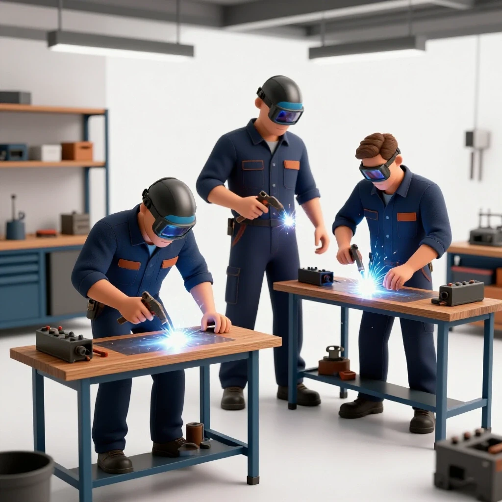 A bright workshop scene showcasing two workbenches: one low with a struggling welder and one optimal with a focused welder, emphasizing ergonomic differences.