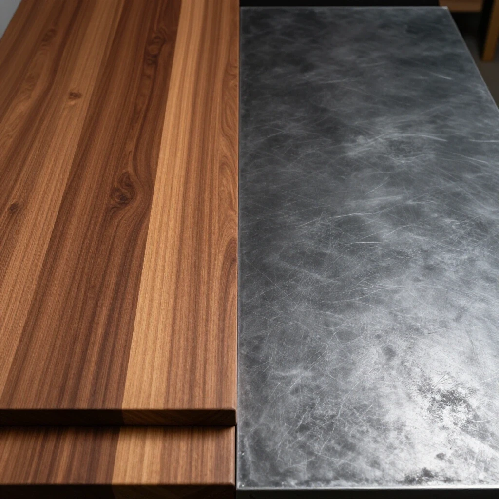 A split-screen image featuring a smooth hardwood workbench top and a textured metal workbench top, showcasing contrasting materials for DIY fabrication.