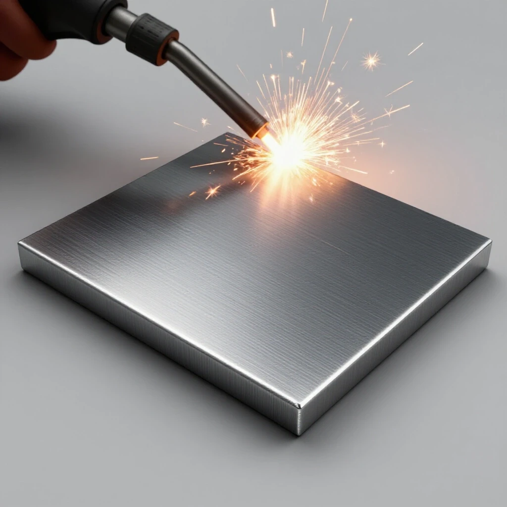Close-up of a polished steel plate showcasing a beveled edge with a welding torch emitting sparks.