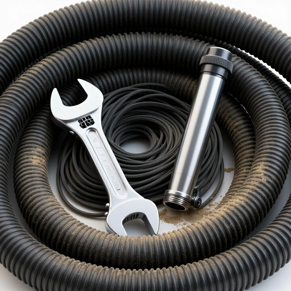 A close-up of a dusty, tangled dust collection hose next to a shiny wrench, emphasizing the repair contrast.