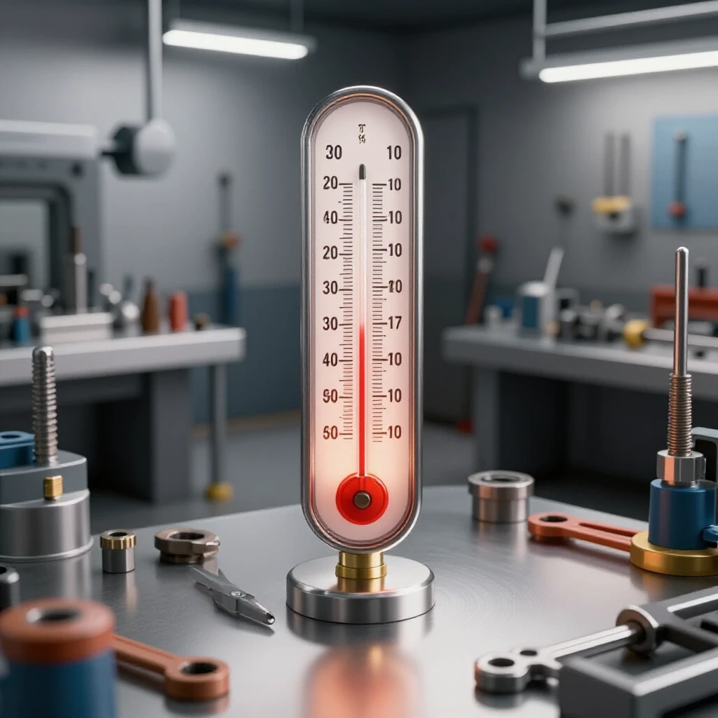 A modern metalworking workshop showcasing a thermometer and organized tools, emphasizing temperature control and productivity.