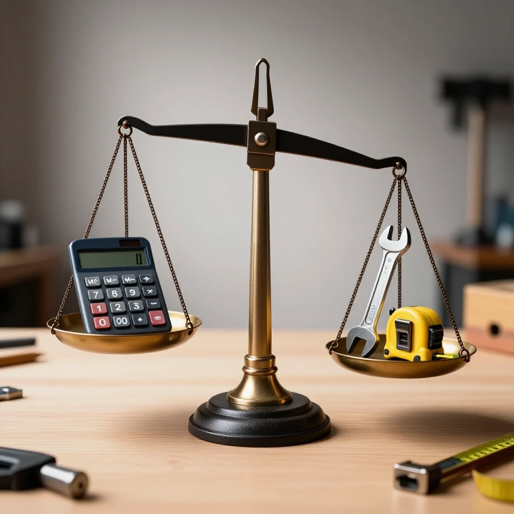 A balanced scale with a calculator on one side and small tools like a wrench and hammer on the other, against a bright workspace background.