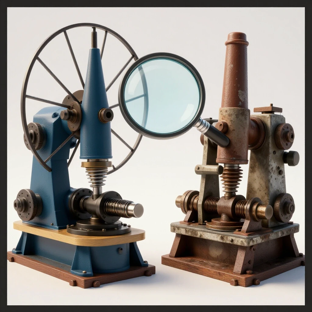 Comparison of a pristine and worn Bridgeport mill highlighting inspection points with a magnifying glass.