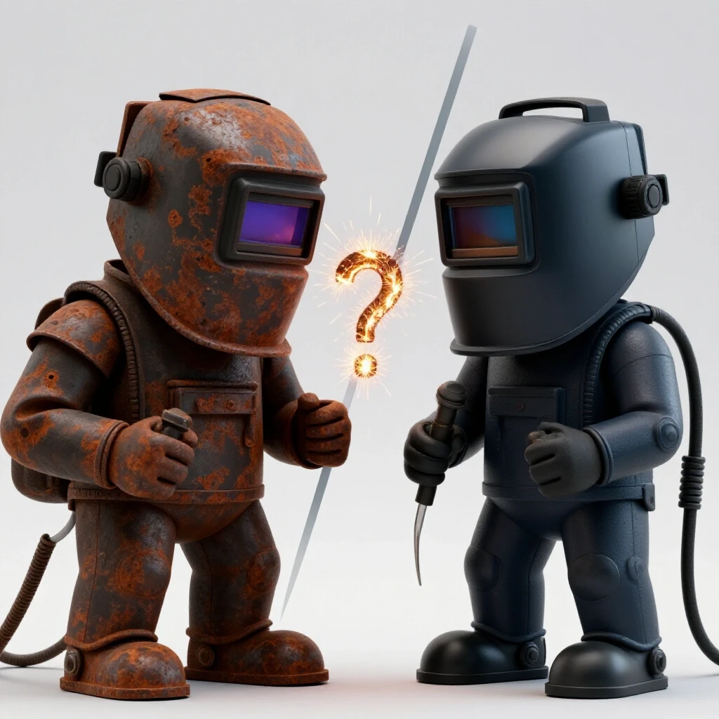A 3D-rendered image showing a rusted welder on the left and a modern welder on the right, with sparks forming a question mark in between.