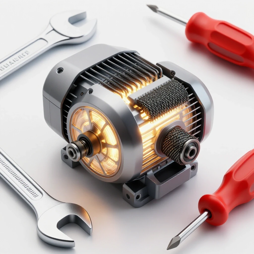 Close-up of a glowing electric motor with its carbon brush exposed, surrounded by a wrench and screwdriver on a bright background.