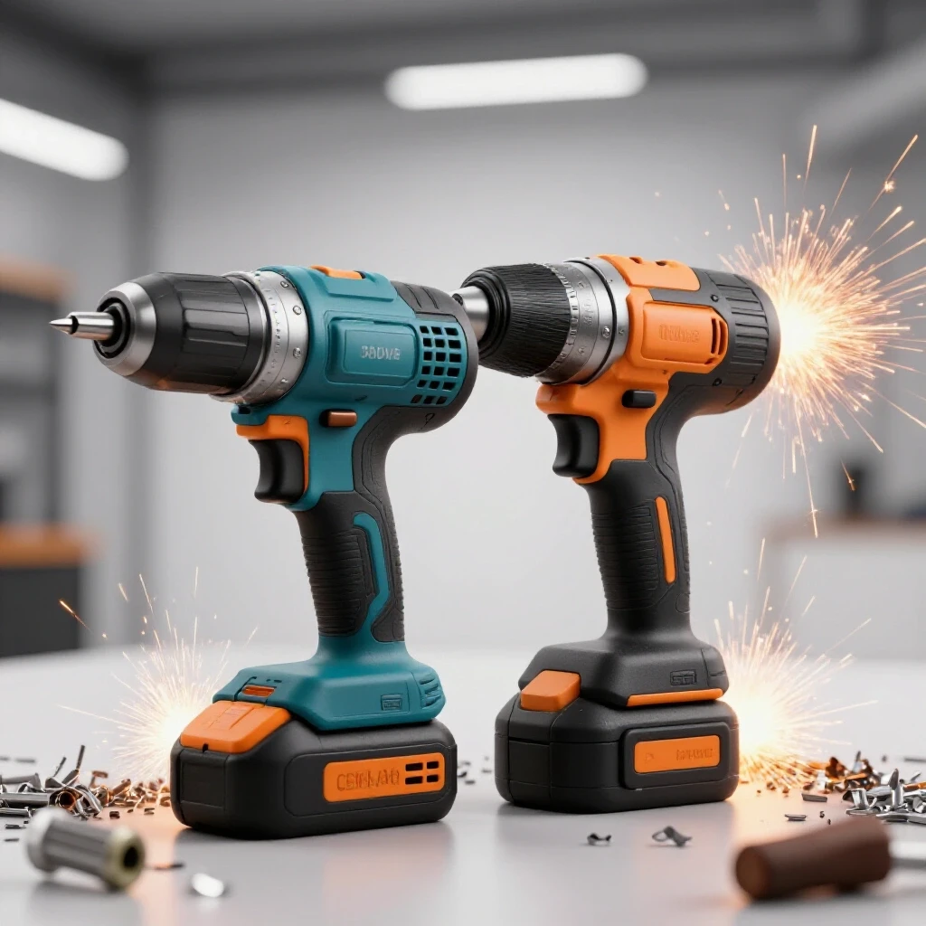 Comparison of a modern brushless tool and a traditional brushed tool with sparks and metal shavings to highlight metalwork.