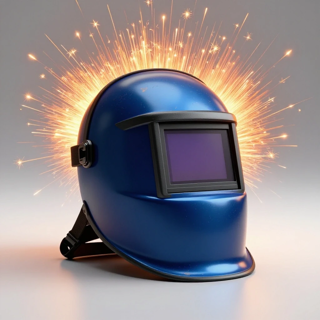A shiny, well-worn welding helmet next to a brand new model, with vibrant sparks in the background, emphasizing durability.
