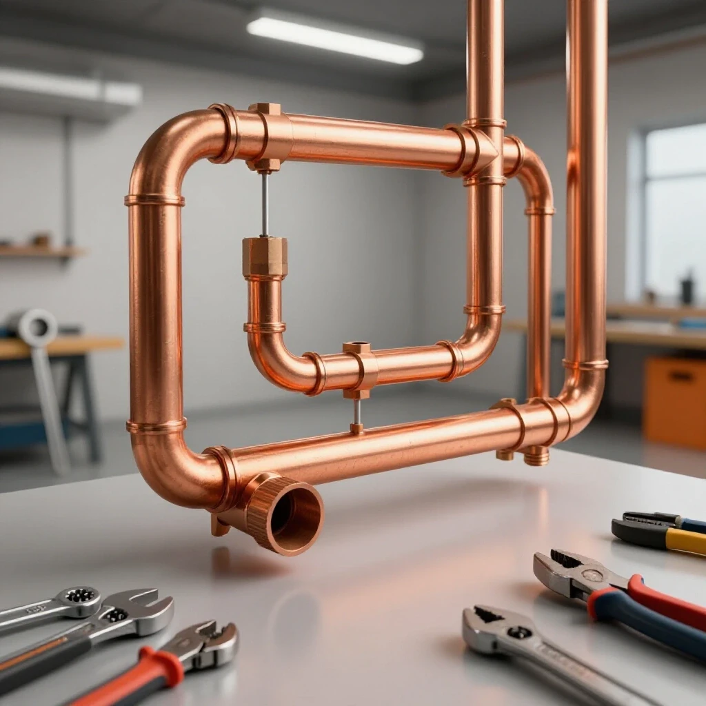 Close-up view of a budget copper air pipe system being assembled with tools in a bright workshop setting.