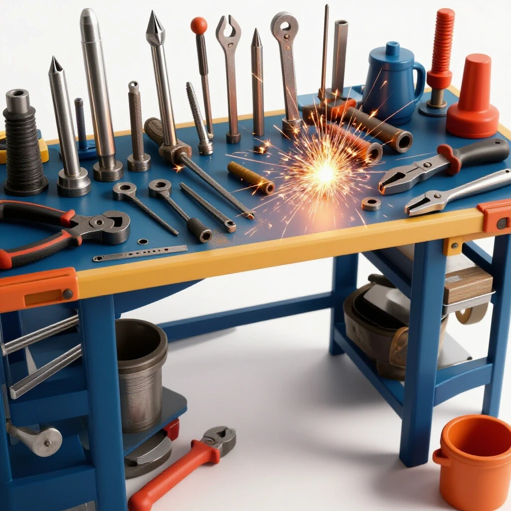 A vibrant workbench cluttered with metalworking tools, showcasing both high-quality and budget-friendly options, with sparks from welding.