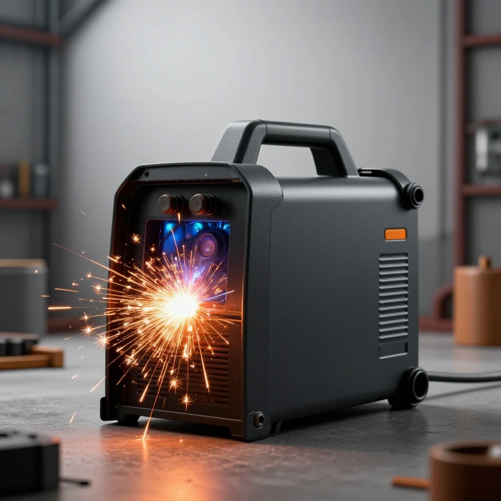A modern gasless flux-core welder in action, showcasing welding sparks against an industrial backdrop.