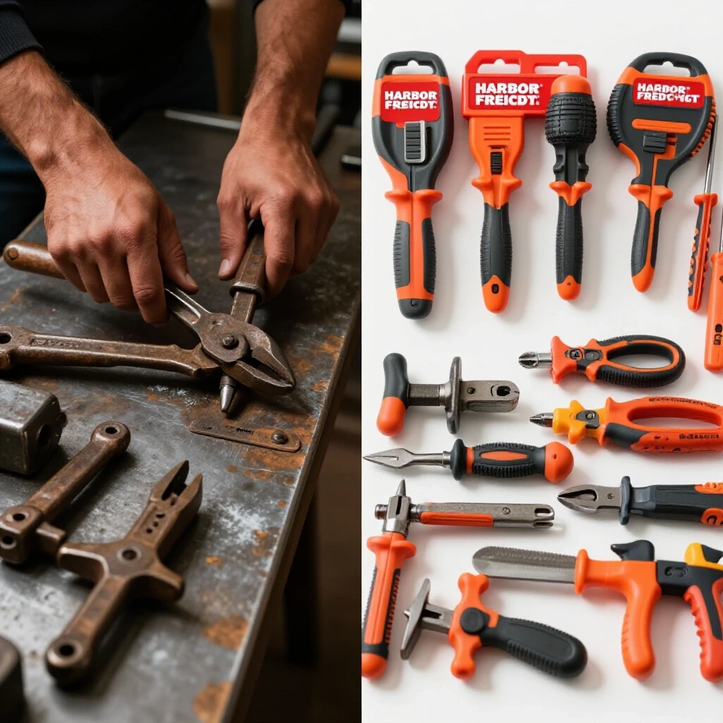 A visual comparison of rugged metal shop tools and vibrant Harbor Freight tools emphasizing durability and affordability.