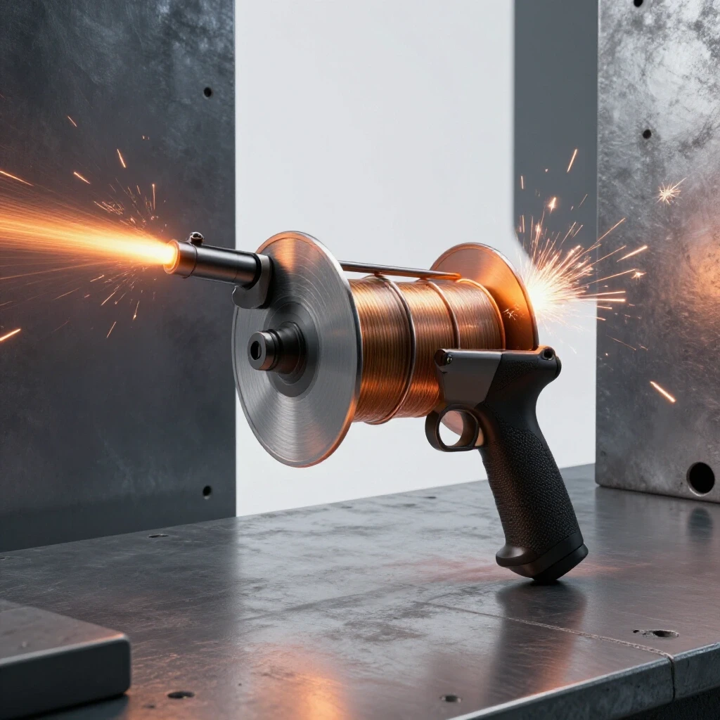 A budget spool gun in action, with molten aluminum sparks against rough metal surfaces, showcasing DIY welding.