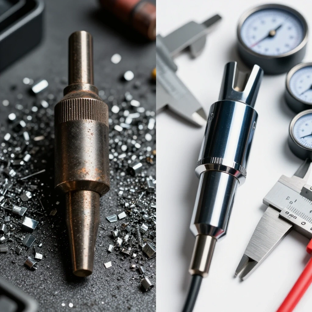 Comparison image of a worn budget MIG welding tip with metal shavings and a shiny premium tip with precision tools, emphasizing quality difference.