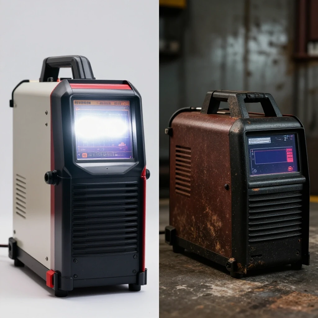Side-by-side comparison of a premium welding machine and a budget model showcasing design and texture differences.