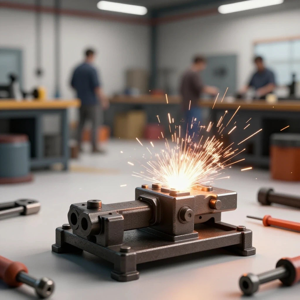 A polished welding fixture with sparks flying in a busy workshop setting, showcasing fabrication efficiency.