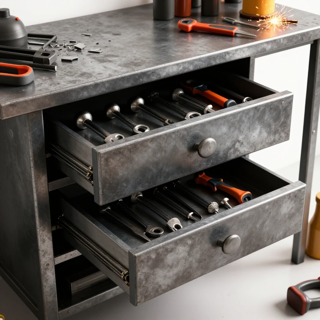 A rugged metal workbench with partially open drawers revealing organized tools, scattered metal shavings in the background.