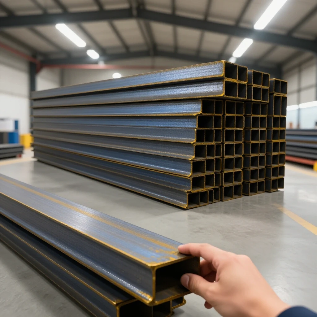 A hand inspecting a steel piece in a service center, with a stack of steel beams in the background, highlighting safety and quality.