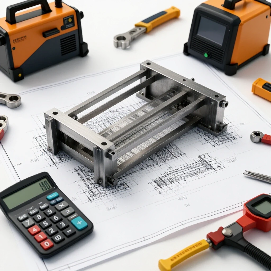A blueprint of a metal fabrication project surrounded by workshop tools like a calculator and welding machine, highlighting precision craftsmanship.