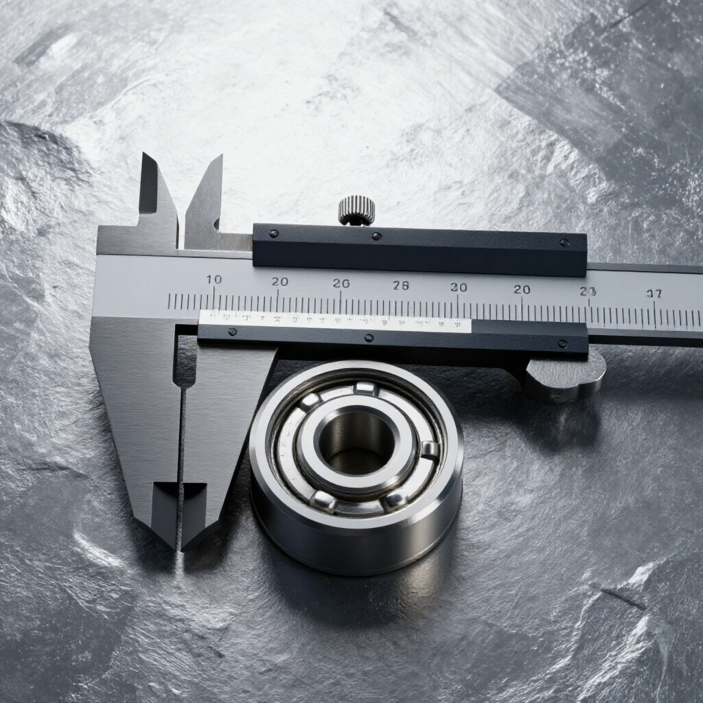 Close-up of a precision caliper measuring a shiny bearing against a rough metal backdrop, emphasizing accuracy in DIY fabrication.