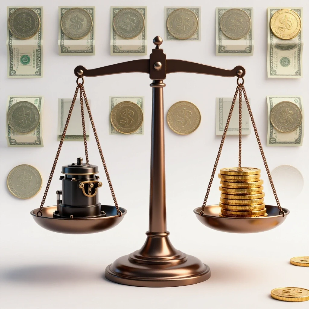A balance scale with new shop machinery on one side and a stack of coins on the other, symbolizing investment and return.