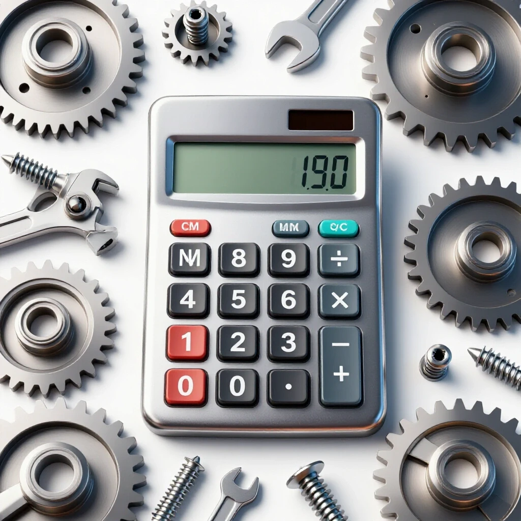 A metallic calculator surrounded by shiny metal parts and tools, symbolizing finance and metalworking in a bright setting.
