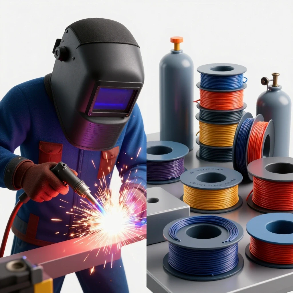 A split view image showing a close-up of a MIG welder with sparks and organized MIG wire spools and gas tanks on a workbench.