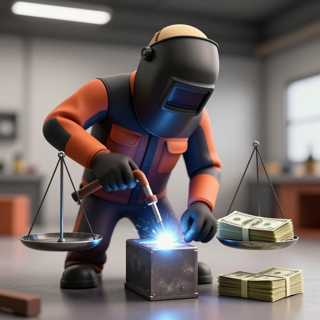 A welder working in a workshop, balancing a welding torch and dollar bills, symbolizing investment versus return.