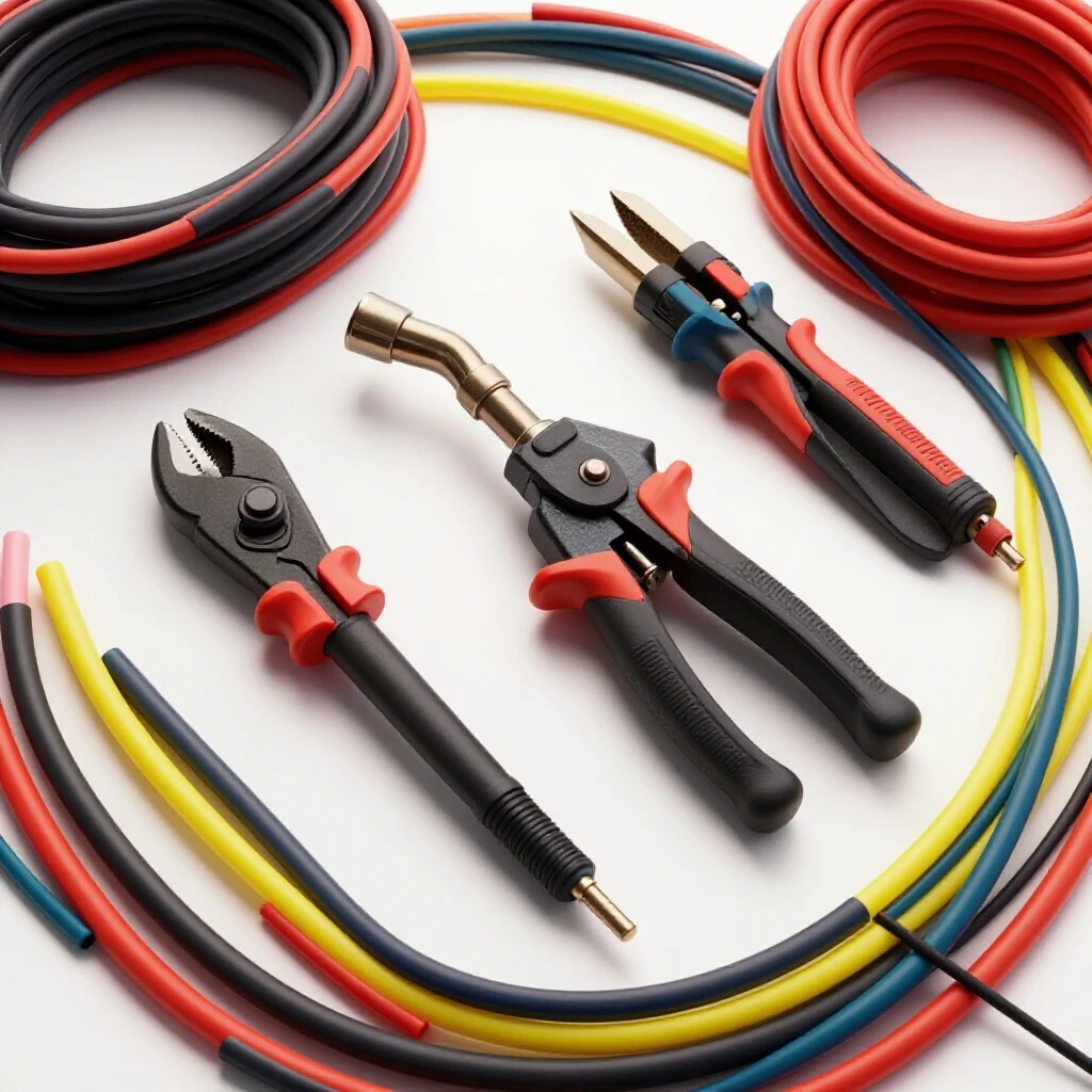 Vibrant welder's setup featuring a torch and extension cords in a dynamic arrangement, symbolizing voltage drop.