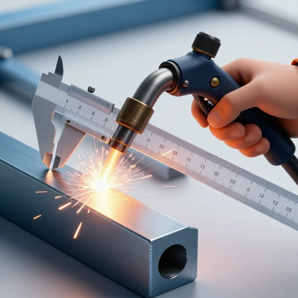 A hand holding a welding torch with sparks flying over a steel piece, showcasing precision measurement tools in a bright setting.